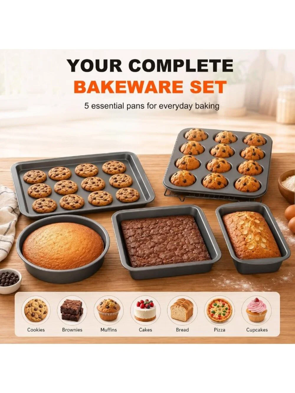 Nonstick 8-Piece Baking Pans Set with Baking Glove - Essential Kitchen Bakeware